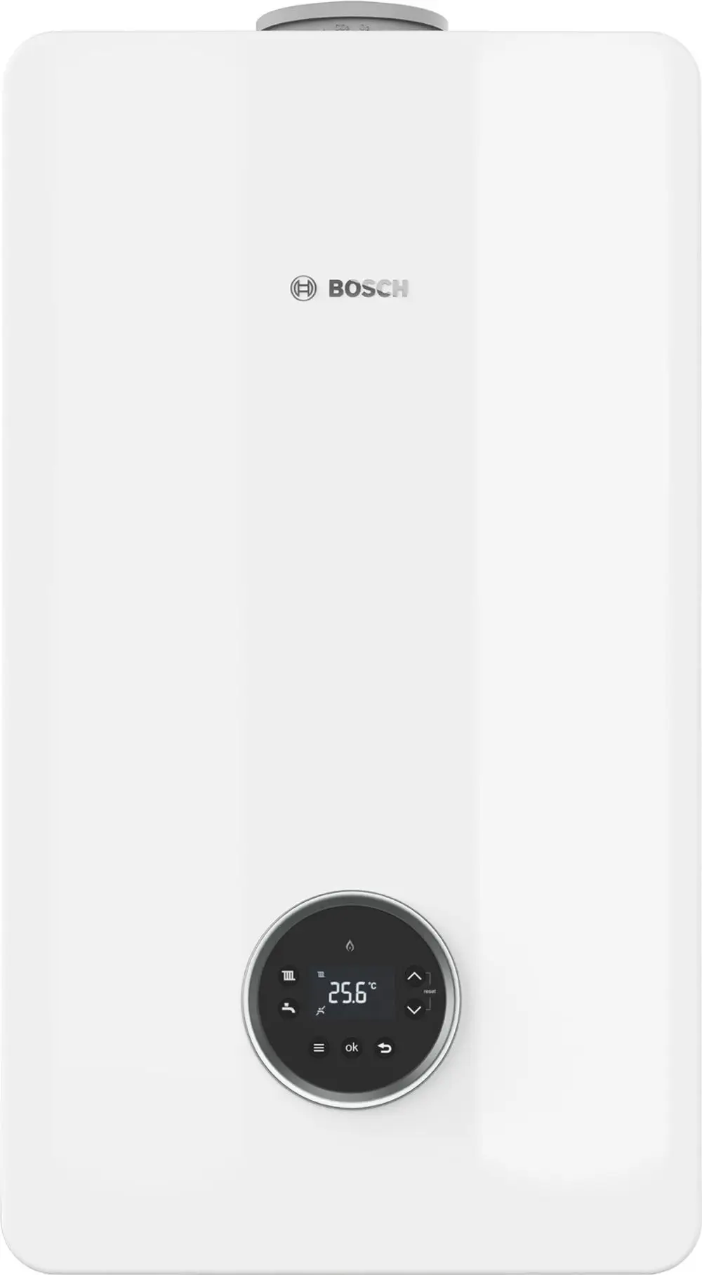 Wandhängendes Gas-Brennwertgerät von Bosch in Weiß mit digitalem Display zur Temperaturregelung, ausgestattet mit Bedienelementen und Symbolen für verschiedene Funktionen.